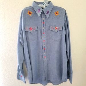 Vintage 60s Sears Western Wear Chambray Pearl Snap Embroidered Shirt XL Or XXL